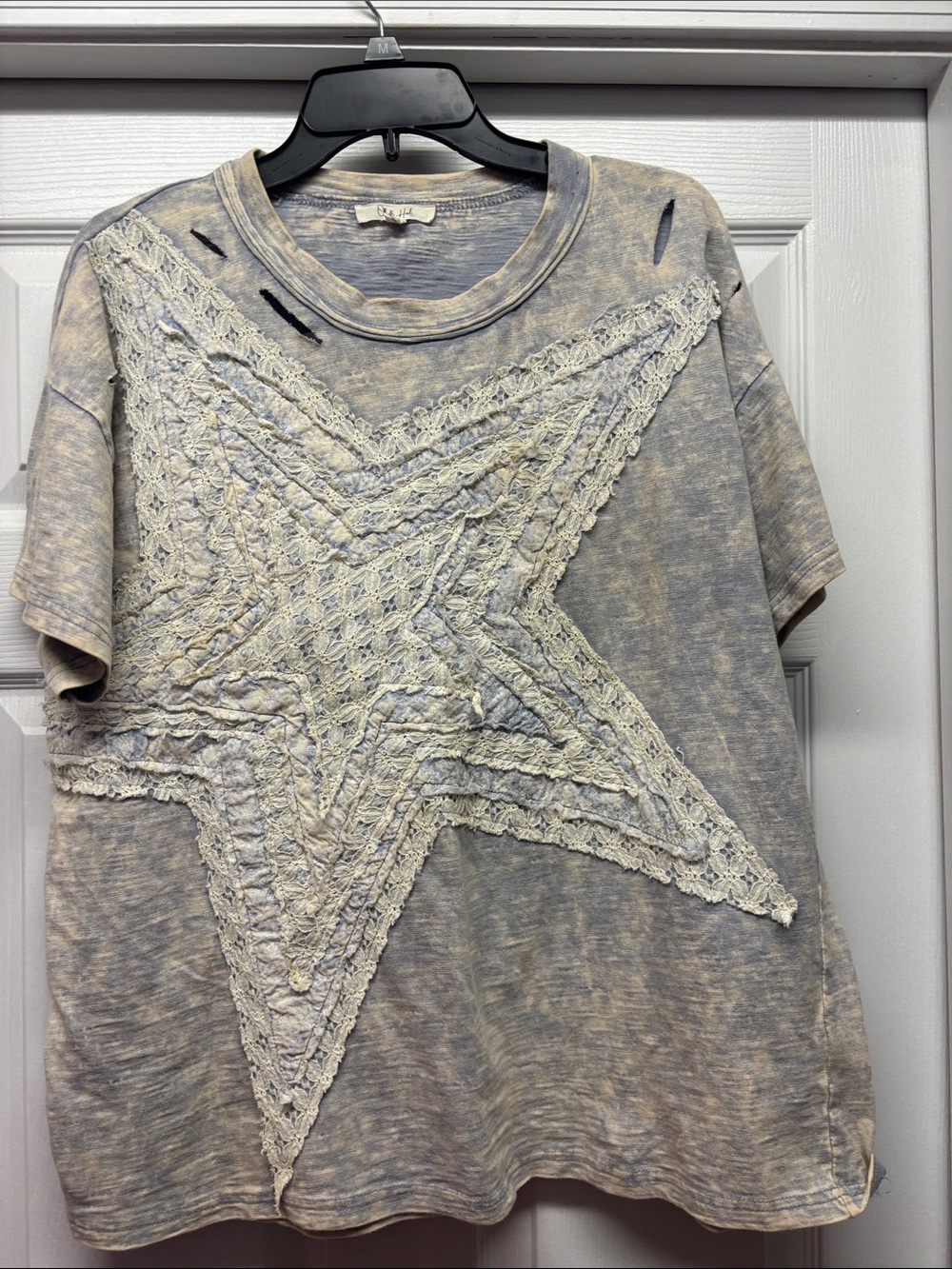 Oli & Hali Lace Star Patchwork Distressed Tee - Cream & light Blue Medium